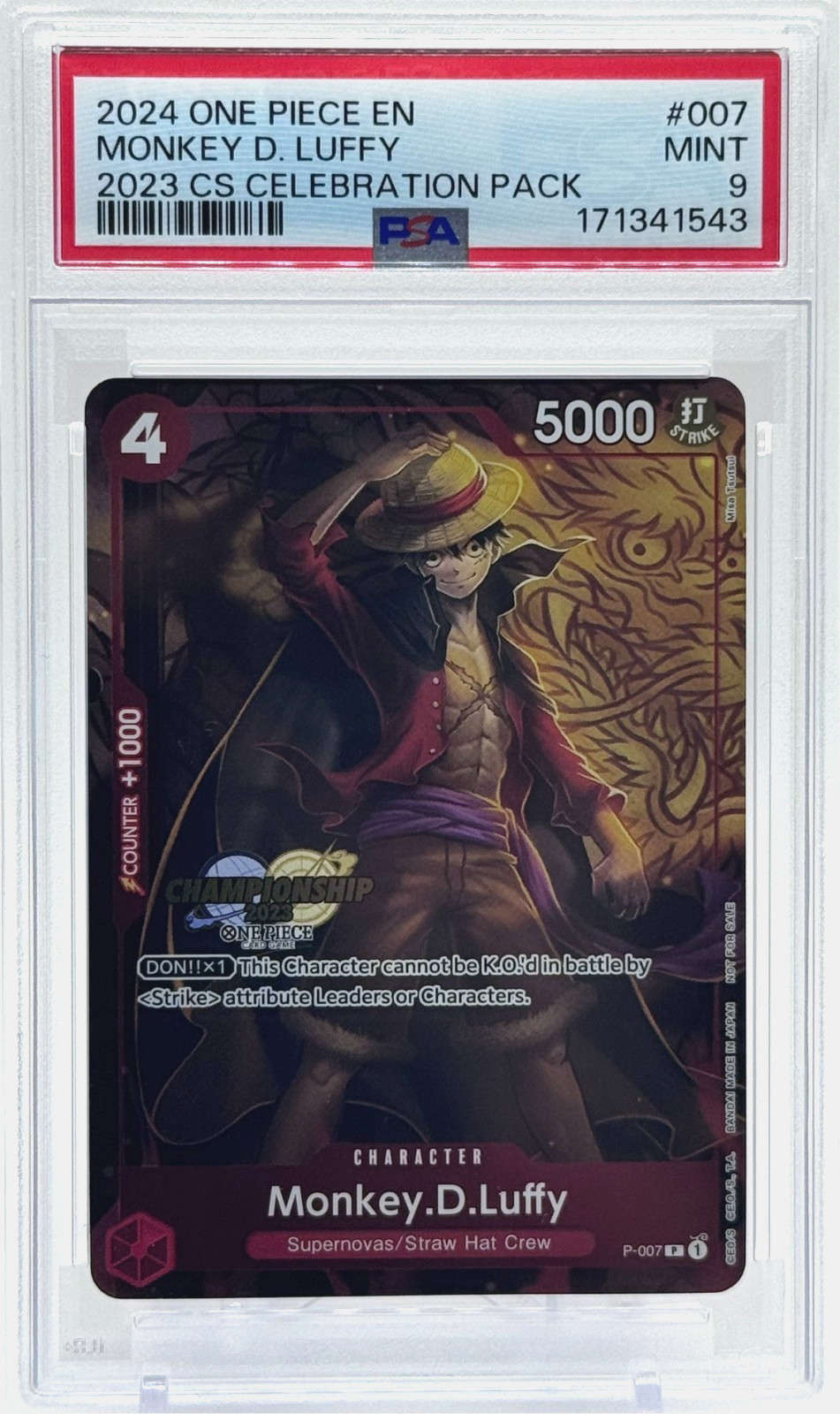 One Piece Monkey D. Luffy Championship 2023 Pack Promo English P-007 PSA 9 Mint