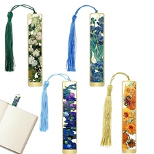 4-Pack Metal Bookmarks with Tassel Oil Painting Theme Hollow Book Mark