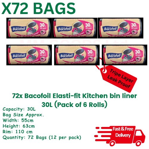 Bacofoil 30L Bin Bags Elasti-Fit | Strong Leak-Proof Drawstring Liners | 72 bags