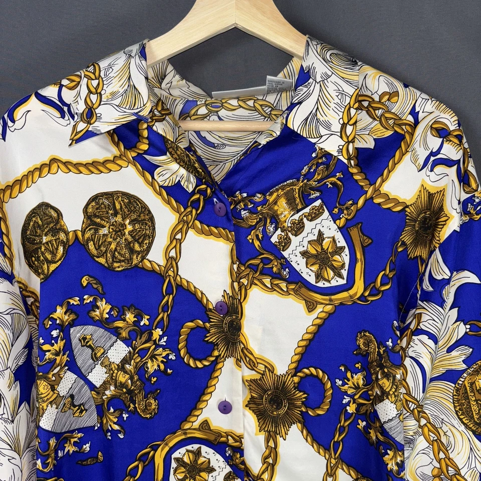 Camisa Nordstrom De Colección Años 80 Top Para Mujer 14 XL Azul Seda Dorado Estampado Barroco Botones Foto 2 de 4