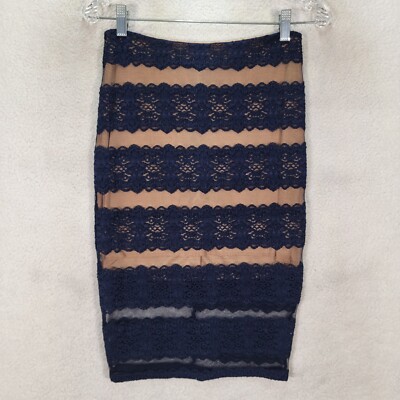 Fora Womens Skirt Size M Blue Navy Floral Lace Striped Sexy NEW Straight Pencil