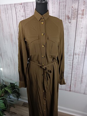H&M Midi Shirt Dress Women's 4 Long Sleeve Front Button Belted Pockets  Green | eBay