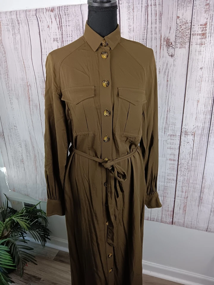 H&M Midi Shirt Dress Women’s 4 Long Sleeve Front Button Belted Pockets Green - Image 2 of 4