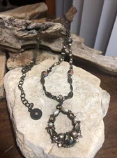 Vintage Sweet Romance Brass tone Faux Pearl AB crystal  Necklace 21"+3", 26g