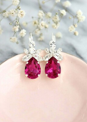 2Ct Pear Cut Lab-Created Pink Ruby Drop/Dangle Earrings In 14K White Gold Plated