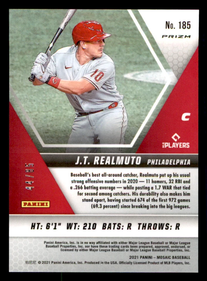 2021 Panini Mosaic Mosaic Quick Pitch Blue #185 J.T. Realmuto /85 - Image 2 of 2