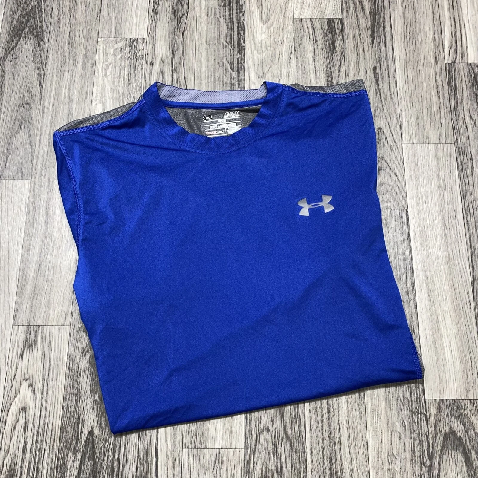 UNDER ARMOUR Fitted Heat Gear Pullover Blue & Gray Athletic T Shirt Men's Size M
