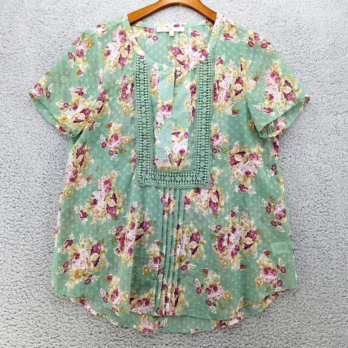 Daniel Rainn Floral Dotted Sheer Boho Blouse Short Sleeve Top