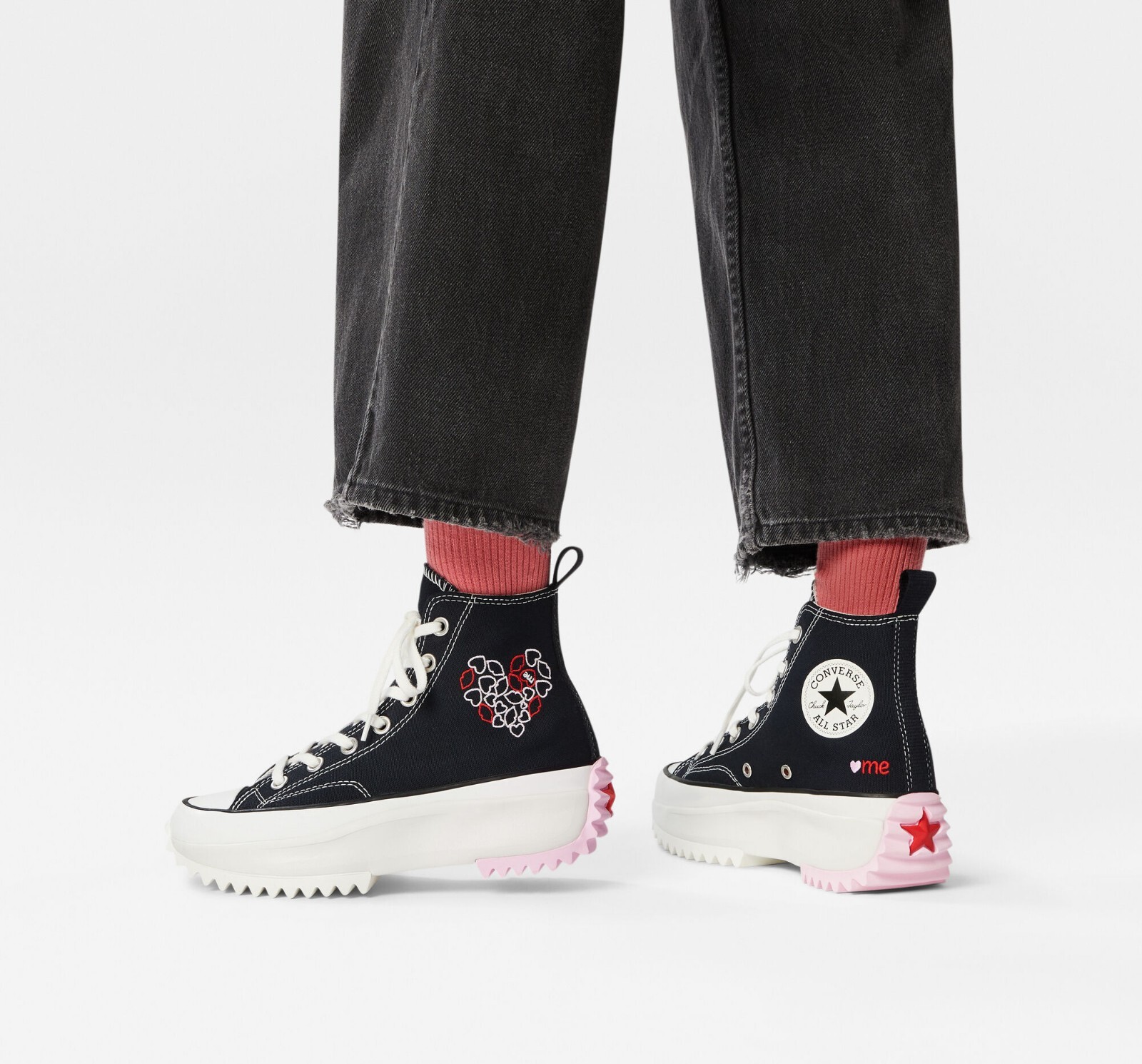 converse run star hike hi in black with heart embroidery