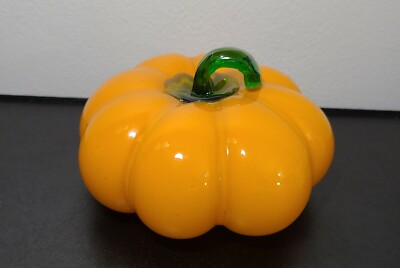 Art glass pumpkin orange w/ green stem-leaf  Fall Halloween Thanksgiving