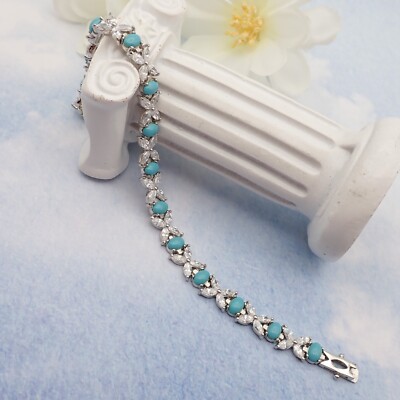 Ross Simons Turquoise Cabochon Clear CZ Sterling Silver 7 1/4'' Tennis Bracelet