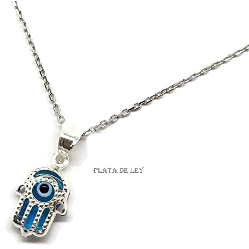 COLLAR COLGANTE OJO TURCO Y MANO de FATIMA PLATA de LEY pequeño 12x8mm y CADENA