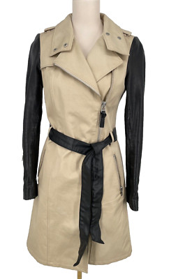 Mackage Montreal womens size XS Avra leather sleeve Belted Trench Coat zip beige