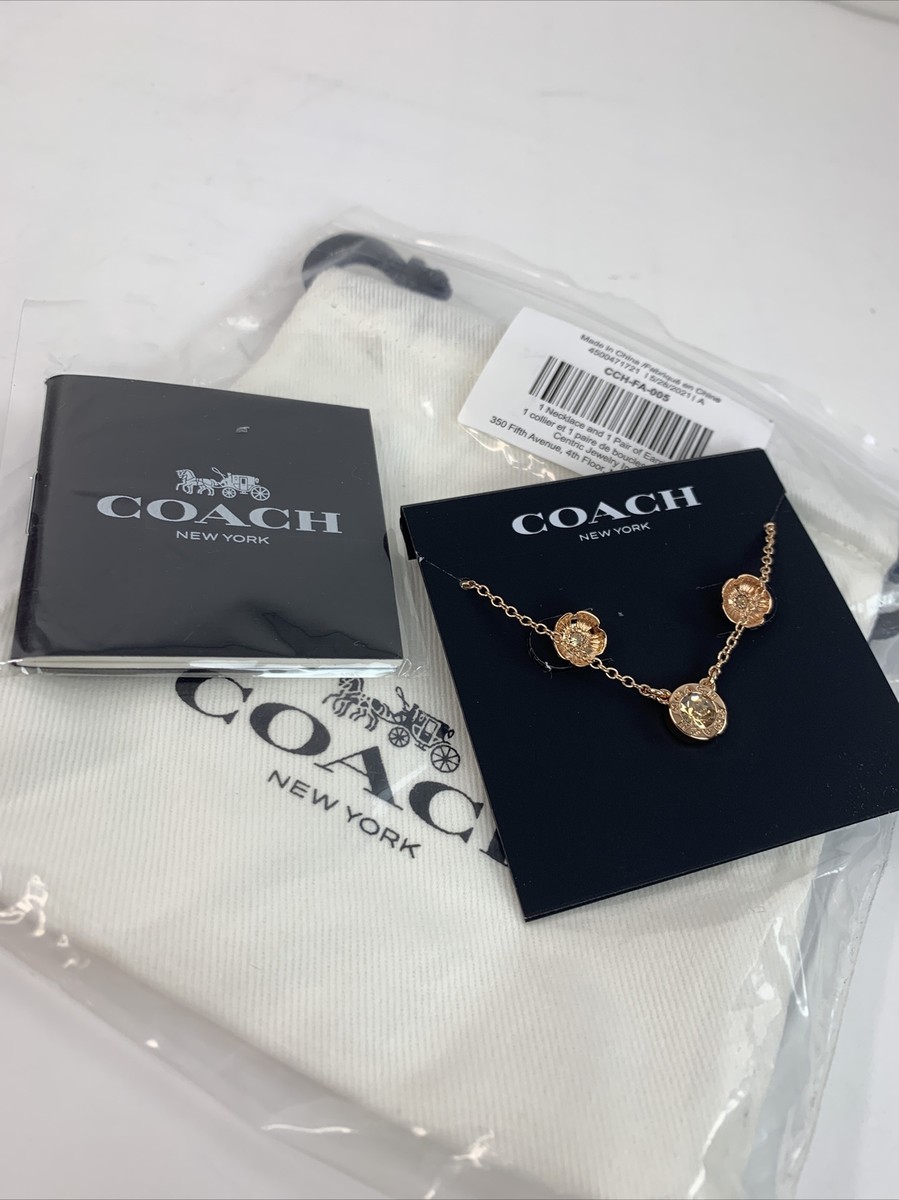 NIP COACH Open Circle Necklace Tea Rose Stud Earrings Jewelry Set ROSE  GOLD