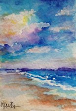 ACEO ATC Signed Print Blue Sea Seascape Beach Art Card Artist Trading Card