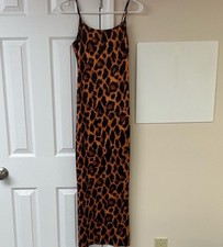 Unbranded Leopard Print Spaghetti Strap Long Maxi Dress black Brown Small