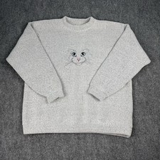 Vtg 90s Streetwear Womens XL Cat Kitten Terry Cloth Sweatshirt Heather Gray USA