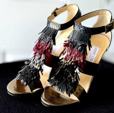 Jimmy Choo "Vibe" sandalo tricolore pitone, raso, frange in pelle - taglia 8,5 (US