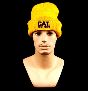 VINTAGE yellow CAT DIESEL POWER Winter Knit Hat With Patch Beanie Caterpillar