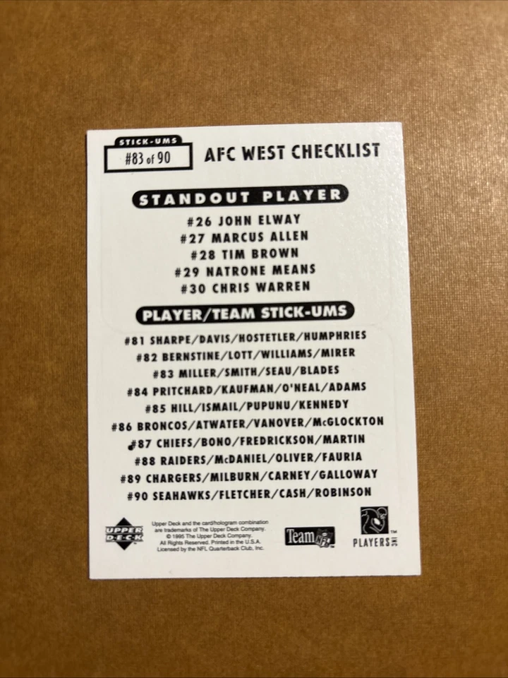 1995 Upper Deck Sticker Seau Blades Miller Smith #83 Football - Image 2 of 2