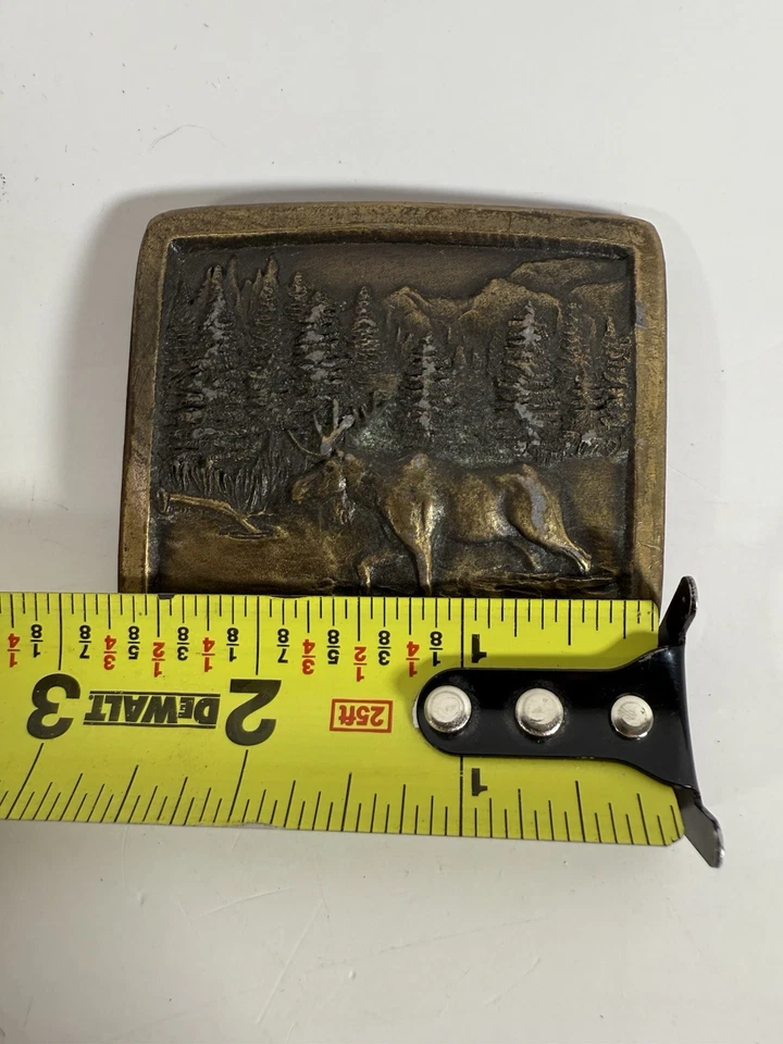 复古 1976 年印第安纳州金属工艺黄铜皮带扣驼鹿森林场景 D97 — 第 2/4 张图片