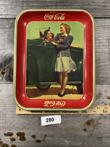 Vintage Coca Cola Tray 1942 Two Girls at Car Roadster Original Coke Serving Tray