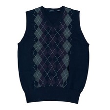 IZOD Sweater Vest Navy Blue Size LG Argyle Diamond 100 Cotton