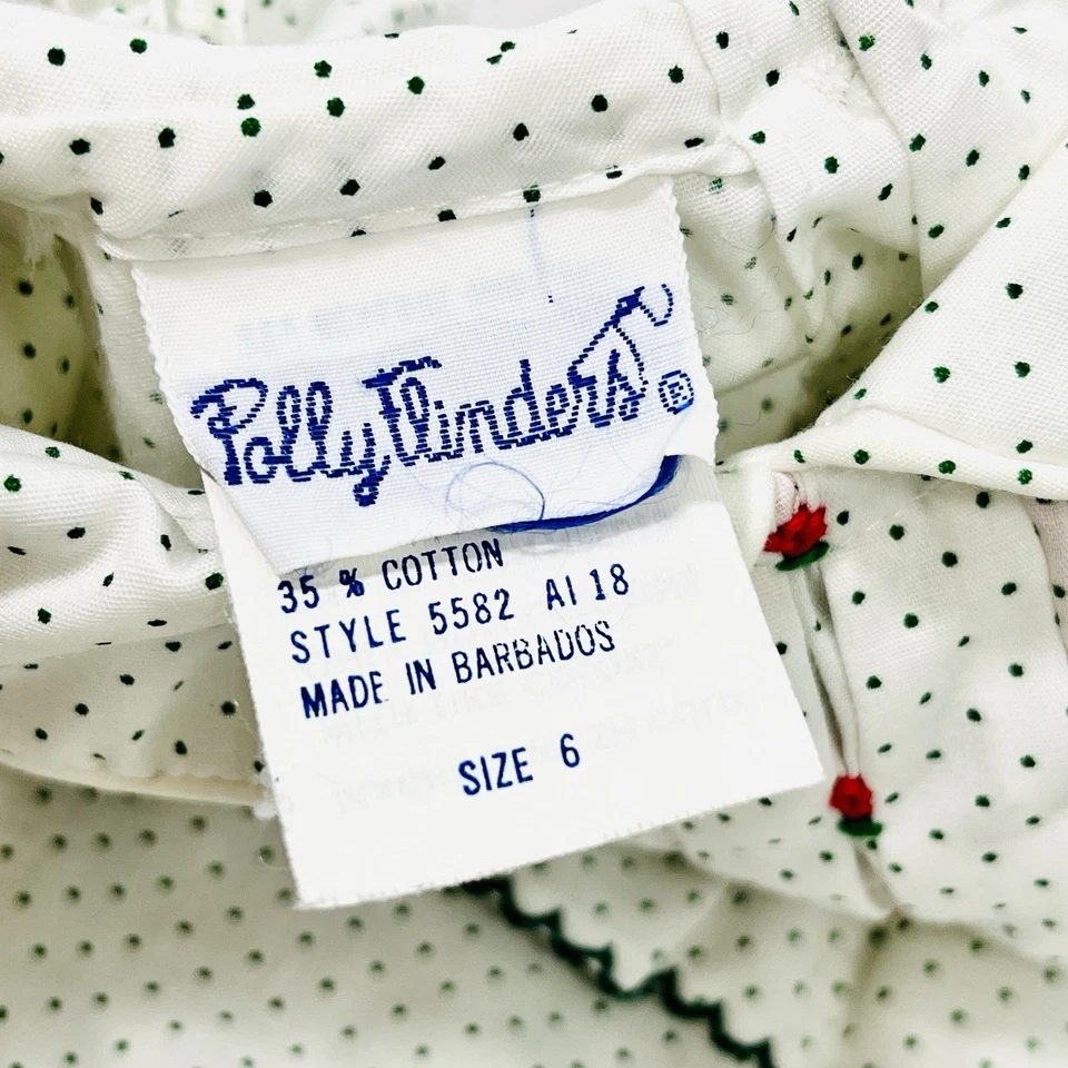 Polly Flinders Smocked Dress Size 6 White Green Dot Red Rosettes Cottage READ - Image 4 of 4