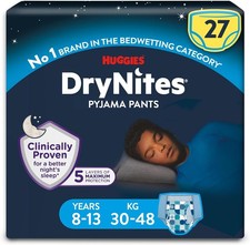 HUGGIES DryNites Boys 8-13yrs Bedwetting Pants 27 Pack Disposable Nappies 0.81 per nappy
