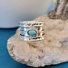 Wide Band Hammered Silver  Turquoise Ring Size 7 Boho Southwest Chunky