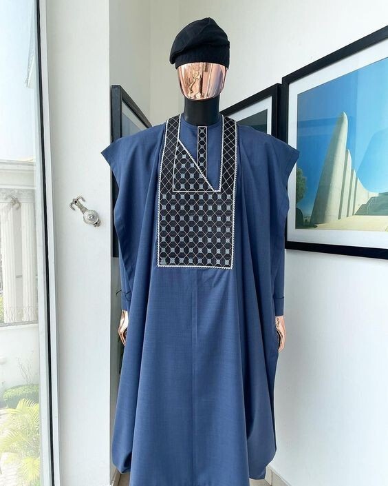 Navy Blue and Black Agbada Babariga Pieces Men Groom Suit