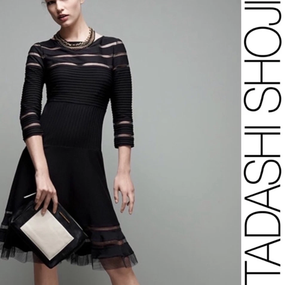 Vestido TADASHI SHOJI Black Illusion listra de malha transparente plissado fit & flare XL = 16 - Imagem 3 de 4