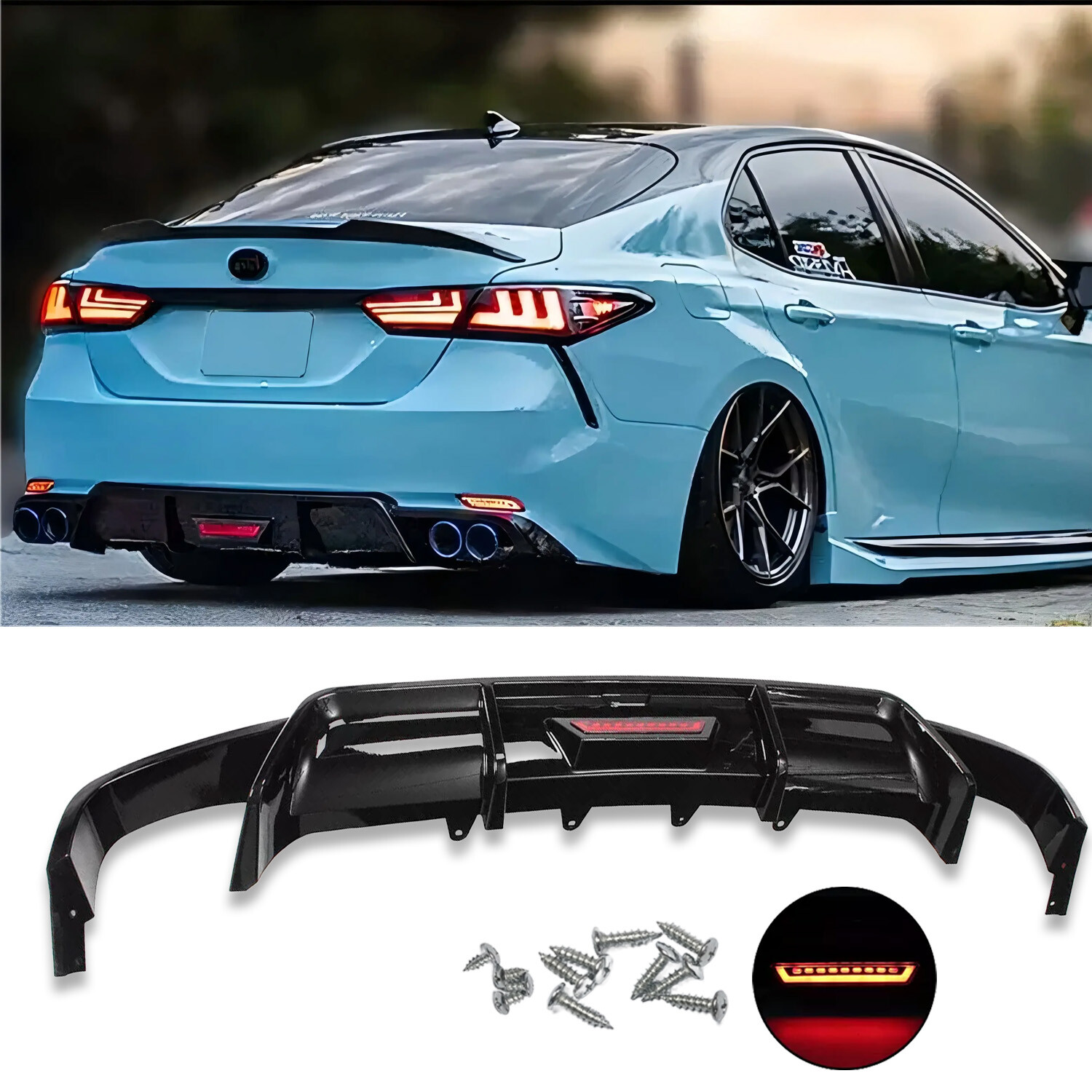 GLOSSY BLACK REAR BUMPER DIFFUSER W LED LIGHT Fits 2018-2024 TOYOTA CAMRY SE XSE