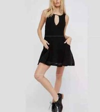 Free People Medium 100% Linen Black Tunic Swing Mini Dress Pockets Keyhole Boho