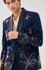 Men's Blue Designer 2Pc Floral Embroidered Western Cowboy Cocktail Prom Outfit