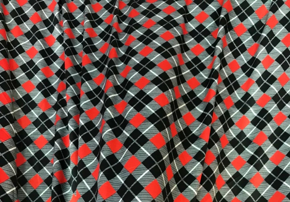 Black Red Diamond Check Print Faux Silk Satin Fabric BTY Drape Shirt Scarf  - Image 2 of 4