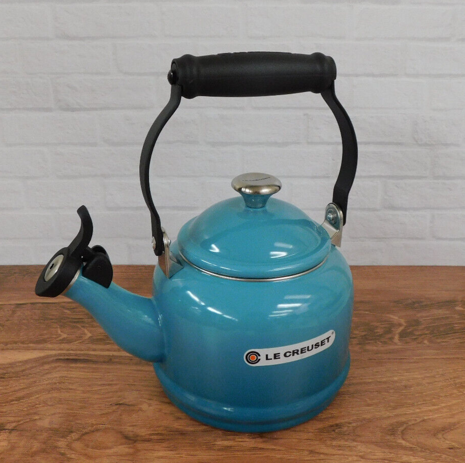 Le Creuset 1.25 Quart Enameled Steel Demi Tea Kettle in Vibrant Caribbean Blue Color Perfect for Stovetop Use