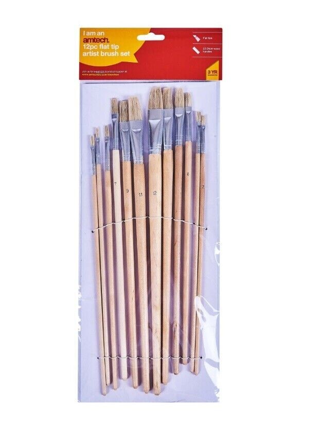 Amtech 12pc Flat Tip Art Brush Set Oil/Acrylic Paint S4145