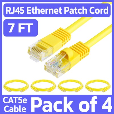 4 Pack Cat5e Patch Cord Yellow 7 Feet Lan Ethernet Cable Network Internet RJ45