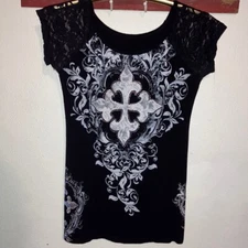 Lace and Jewels Black and White Graphic Cap Sleeve Tee