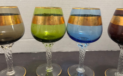 4 Vintage Bohemia Colored Bowl HOCK WINE 8 oz GLASSES TWIST STEMS 6.5'' Assorted
