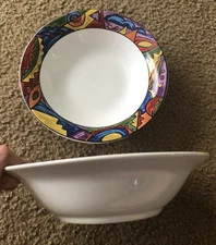 2 Signature Rialto Brights Bowls Multi Color  Cream Center 7.25” Stoneware