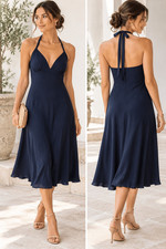 J. Crew 100% Silk Navy Blue Halter A-Line Midi Dress Sz 8 Y2K