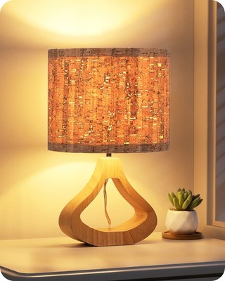 EDISHINE Boho Tischlampe 34cm, Rindenschirm & Flaschenholz-Sockel, inkl. LED
