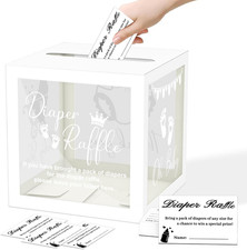 50 Diaper Raffle Tickets with Box for Baby Shower Game, Clear White Card Box for