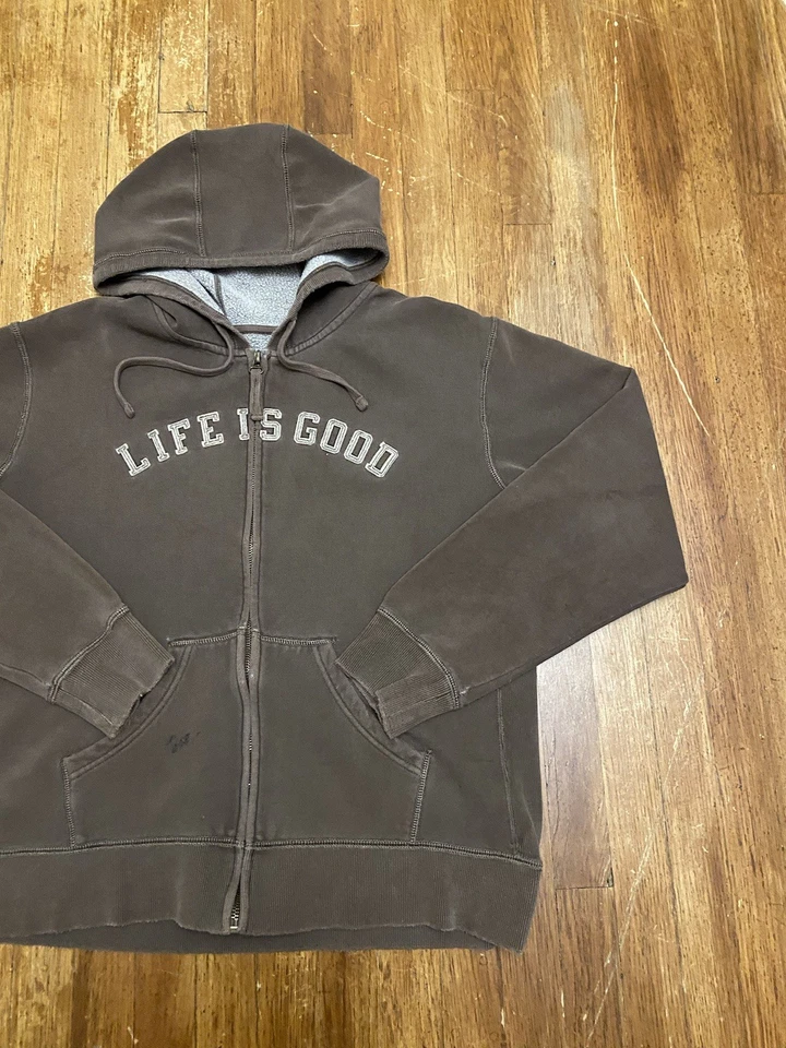 Sudadera con Capucha Vintage Y2K Life Is Good Bordada Marrón Cremallera Completa Grande Foto 3 de 4