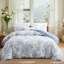 Floral Duvet Cover Set Queen Size Cottagecore White Blue Flower Leaf Comforte...