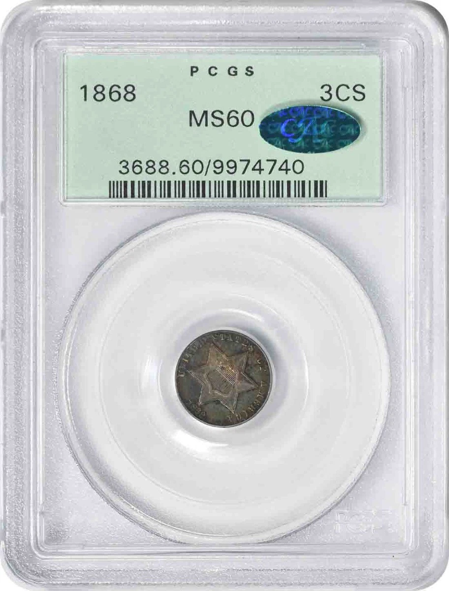1868 Three Cent Silver MS60 PCGS OGH (CAC)