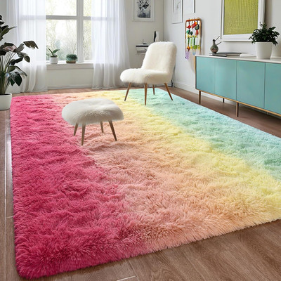 Luxury Fluffy Kids Rugs for Living Room Bedroom, 4X6 Feet Shaggy Rainbow Pink Ar