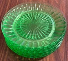 Set of 5 Uranium Glass 6" Plates, Block Optic Depression Glass, Excellent Cond!